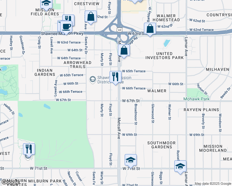 map of restaurants, bars, coffee shops, grocery stores, and more near 6612 Metcalf Avenue in Mission