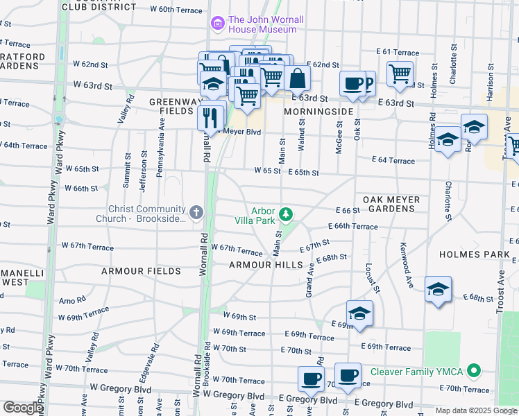 map of restaurants, bars, coffee shops, grocery stores, and more near 104 West 66 Street in Kansas City