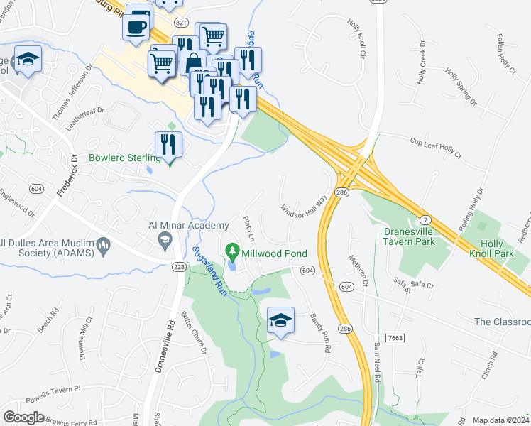 map of restaurants, bars, coffee shops, grocery stores, and more near 12210 Jonathons Glen Way in Herndon