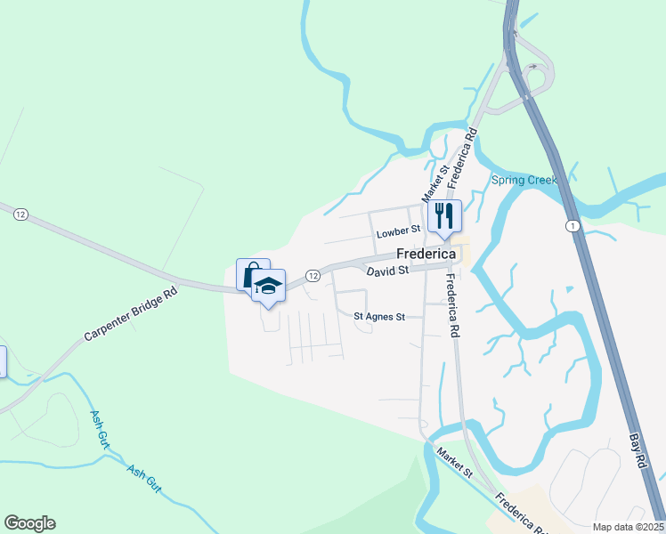 map of restaurants, bars, coffee shops, grocery stores, and more near 113 Delaware 12 in Frederica