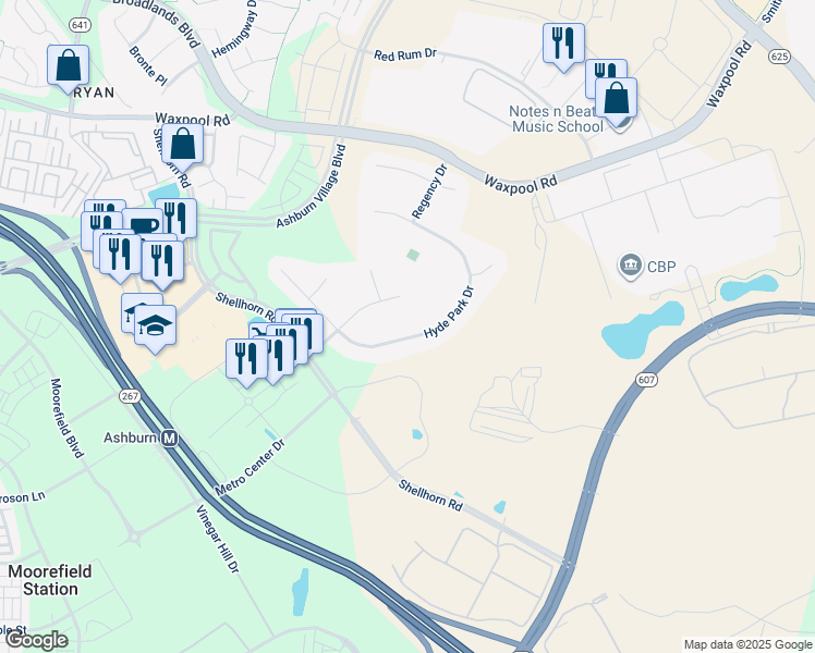 map of restaurants, bars, coffee shops, grocery stores, and more near 21963 Hyde Park Drive in Ashburn