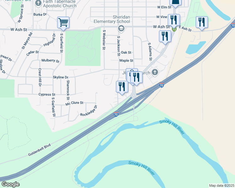 map of restaurants, bars, coffee shops, grocery stores, and more near 1260 South Jackson Street in Junction City