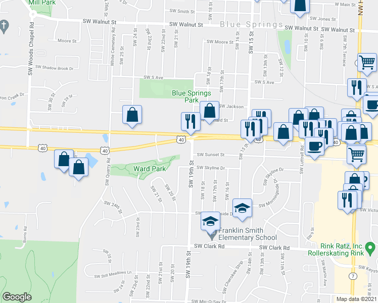 map of restaurants, bars, coffee shops, grocery stores, and more near 905 Southwest 19th Street in Blue Springs