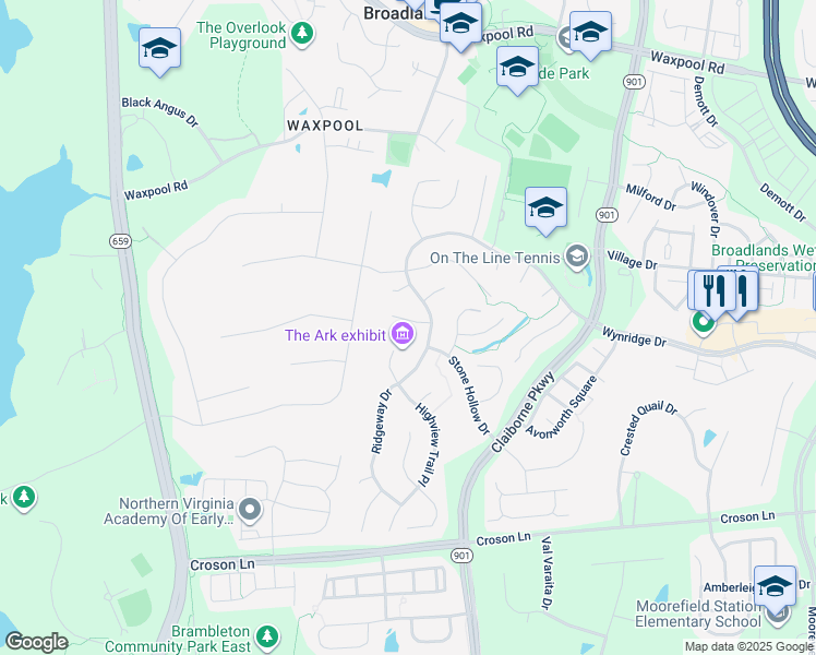 map of restaurants, bars, coffee shops, grocery stores, and more near 42825 Heritage Oak Court in Broadlands