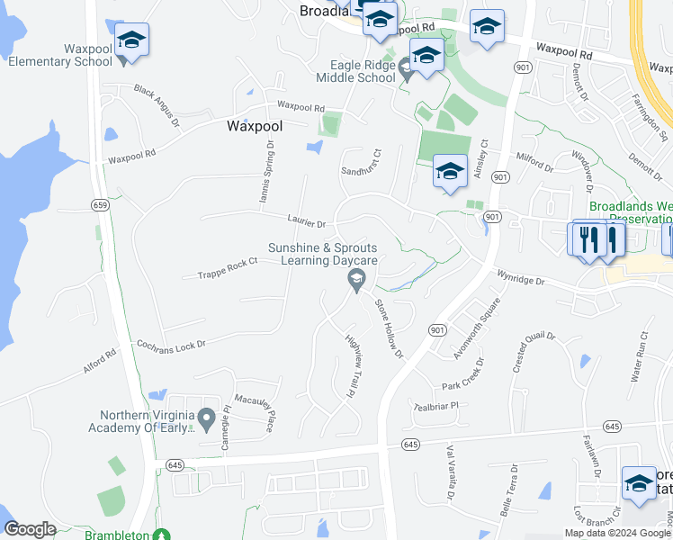 map of restaurants, bars, coffee shops, grocery stores, and more near 42825 Heritage Oak Court in Broadlands