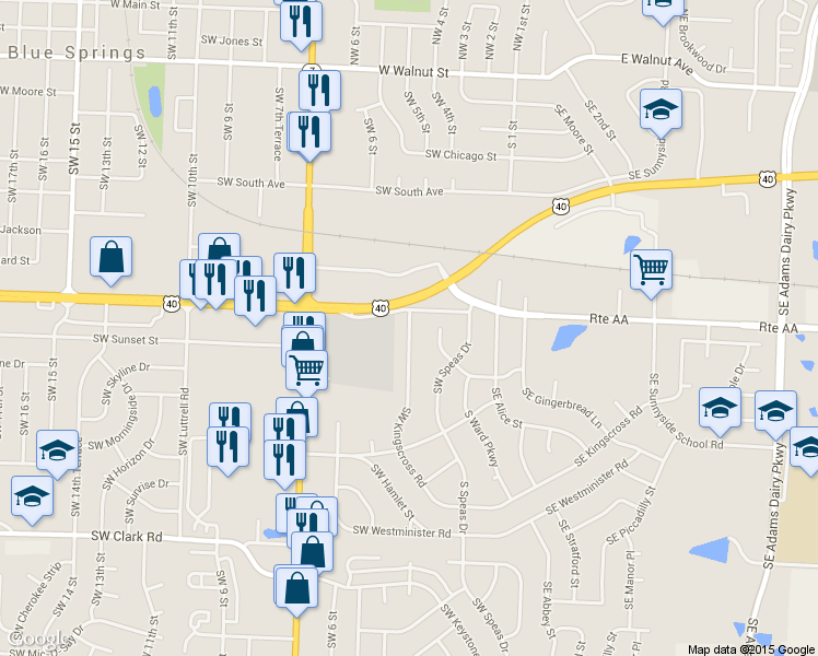 map of restaurants, bars, coffee shops, grocery stores, and more near 907 SW Kingscross Rd in Blue Springs
