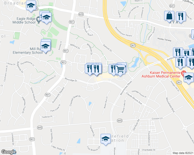 map of restaurants, bars, coffee shops, grocery stores, and more near 43170 Southern Walk Plaza in Ashburn
