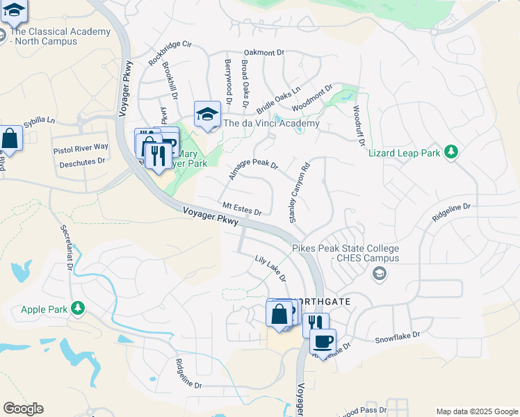 map of restaurants, bars, coffee shops, grocery stores, and more near 1278 Mount Estes Drive in Colorado Springs