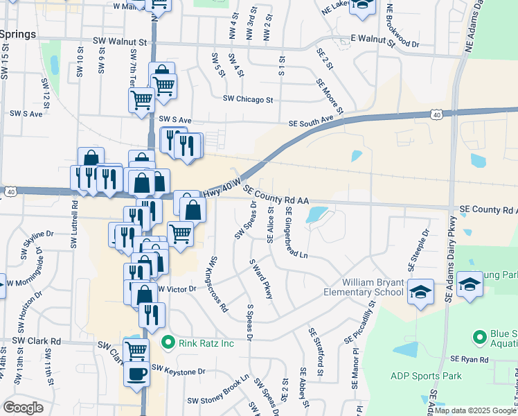 map of restaurants, bars, coffee shops, grocery stores, and more near 900 Southwest Speas Drive in Blue Springs