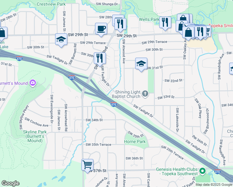 map of restaurants, bars, coffee shops, grocery stores, and more near 3926 Southwest Twilight Drive in Topeka
