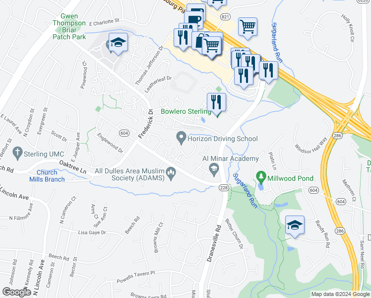 map of restaurants, bars, coffee shops, grocery stores, and more near 21900 Muirfield Circle in Sterling