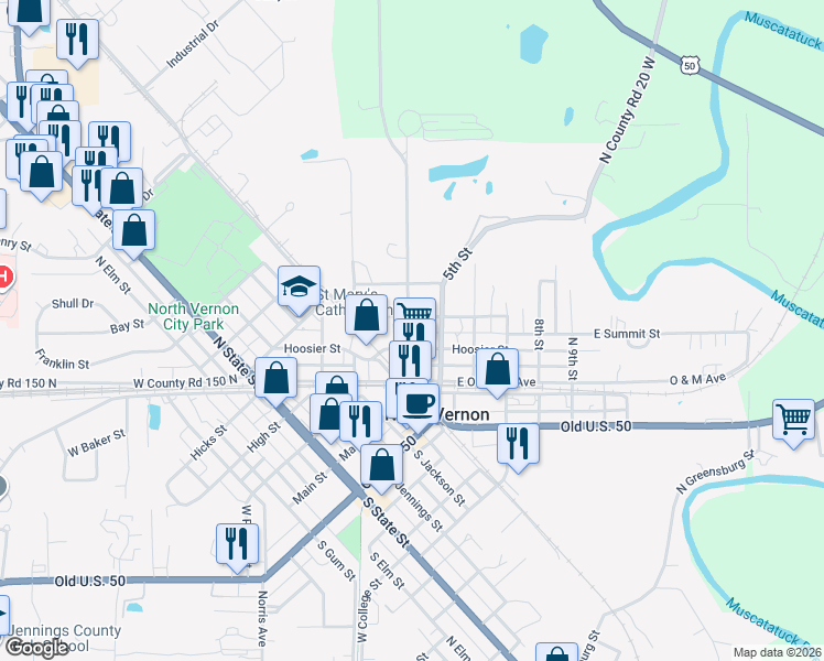map of restaurants, bars, coffee shops, grocery stores, and more near 228 4th Street in North Vernon