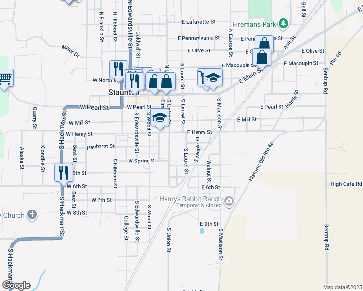 map of restaurants, bars, coffee shops, grocery stores, and more near 201 East 1st Street in Staunton