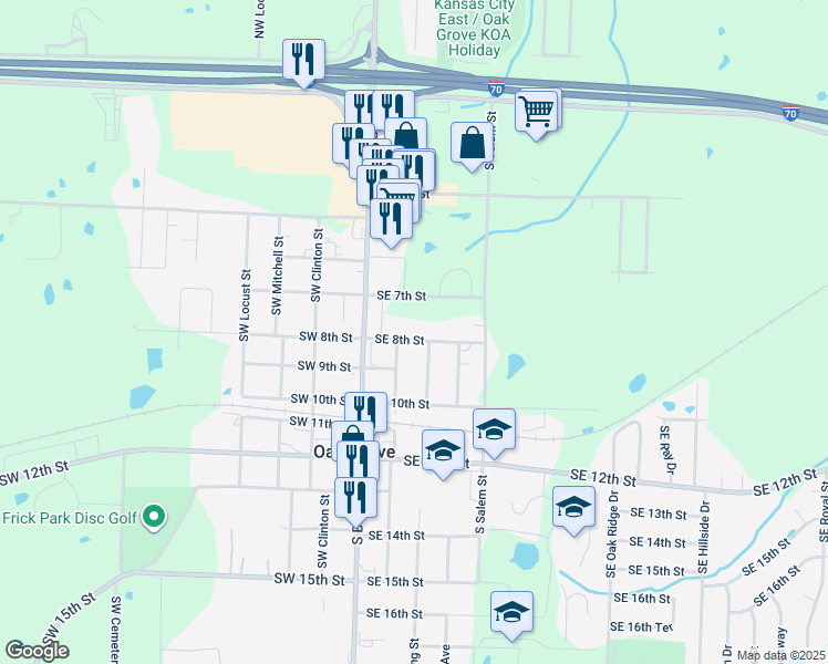 map of restaurants, bars, coffee shops, grocery stores, and more near 801 Harding Street in Oak Grove