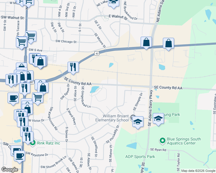 map of restaurants, bars, coffee shops, grocery stores, and more near 309 Southeast AA Highway in Blue Springs