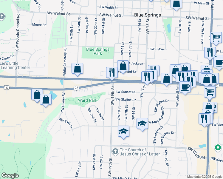 map of restaurants, bars, coffee shops, grocery stores, and more near 905 Southwest 19th Street in Blue Springs