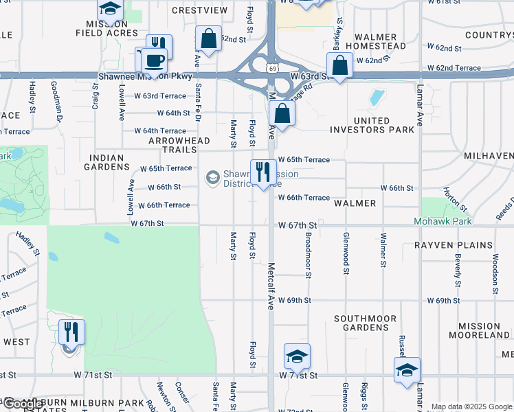 map of restaurants, bars, coffee shops, grocery stores, and more near 6612 Metcalf Avenue in Mission
