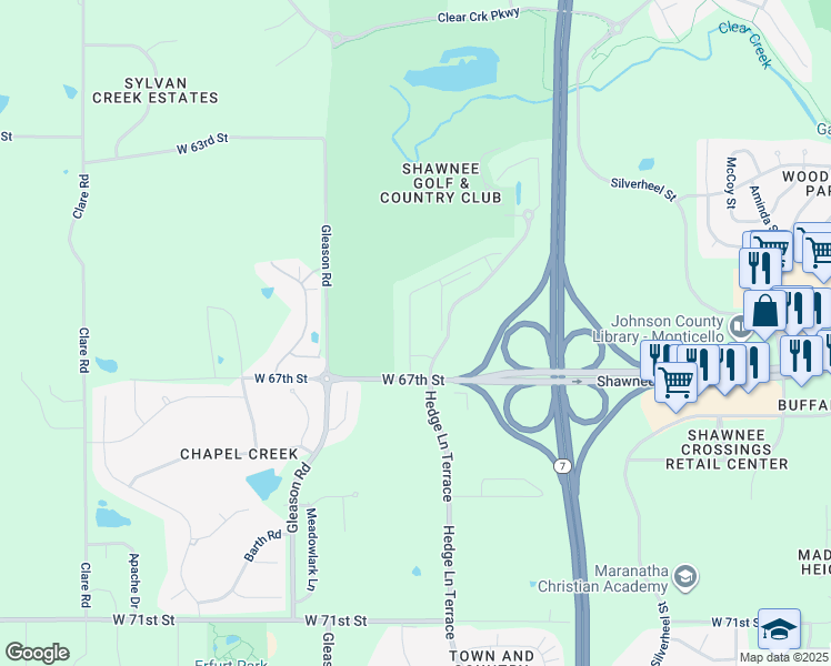 map of restaurants, bars, coffee shops, grocery stores, and more near 6616 Hedge Lane Terrace in Shawnee