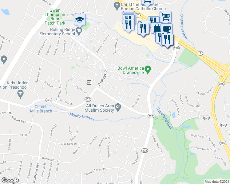 map of restaurants, bars, coffee shops, grocery stores, and more near 21942 Sugarland Oaks Square in Sterling