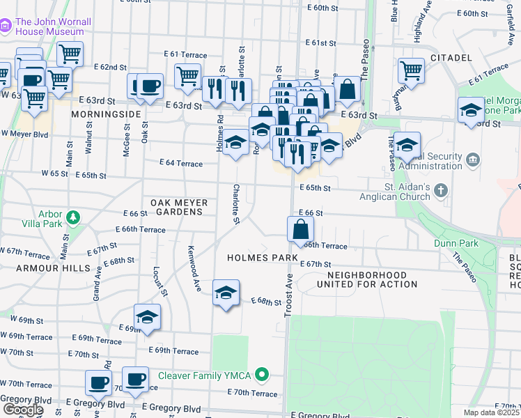 map of restaurants, bars, coffee shops, grocery stores, and more near 6551 Rockhill Road in Kansas City