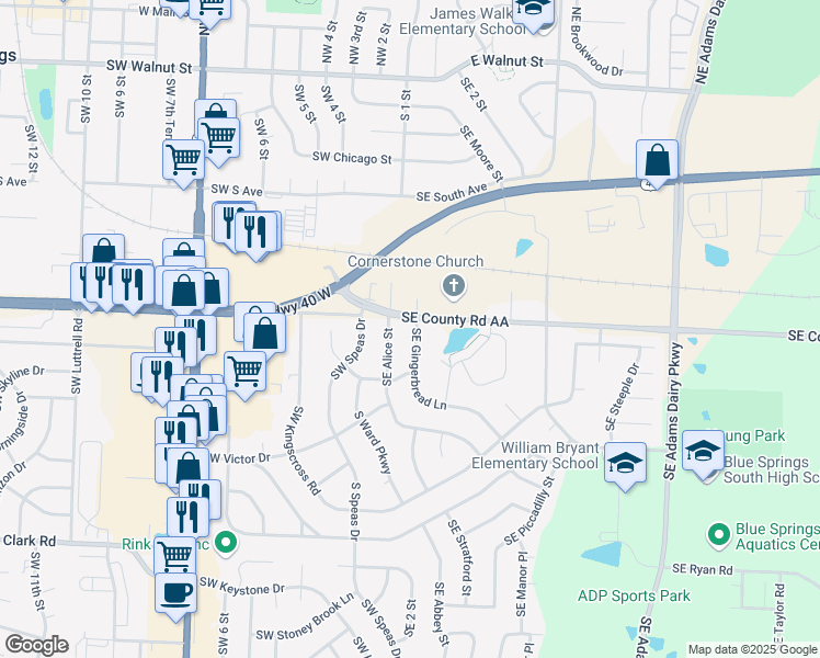 map of restaurants, bars, coffee shops, grocery stores, and more near 903 Southeast Gingerbread Lane in Blue Springs