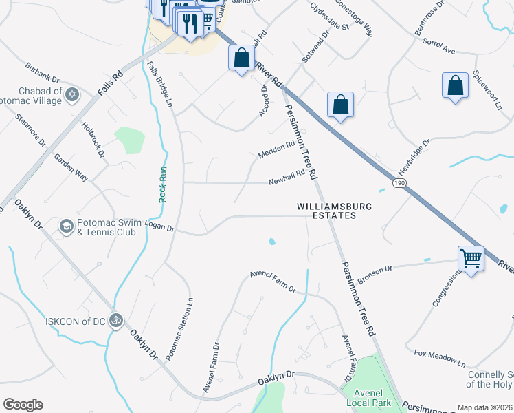 map of restaurants, bars, coffee shops, grocery stores, and more near 9919 Logan Drive in Potomac