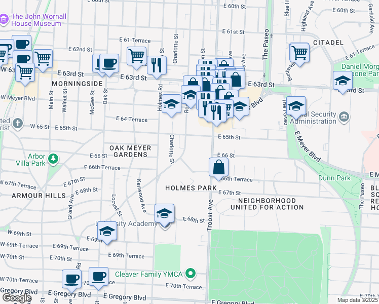 map of restaurants, bars, coffee shops, grocery stores, and more near 6505 Rockhill Road in Kansas City