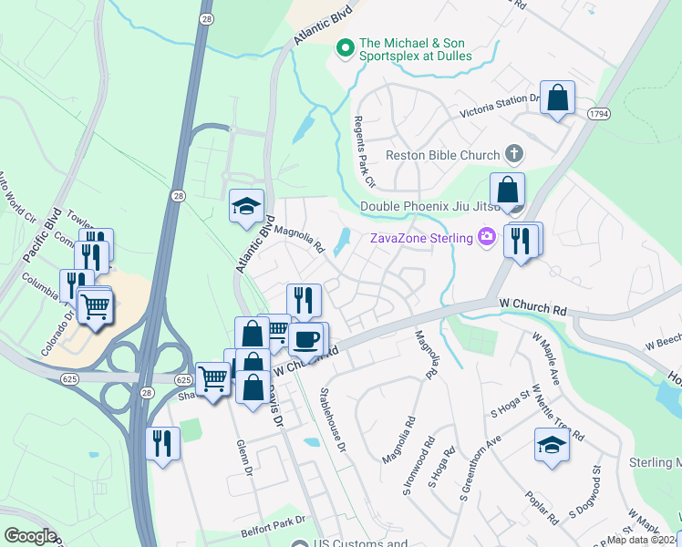 map of restaurants, bars, coffee shops, grocery stores, and more near Magnolia Rd & Grand Central Square in Sterling