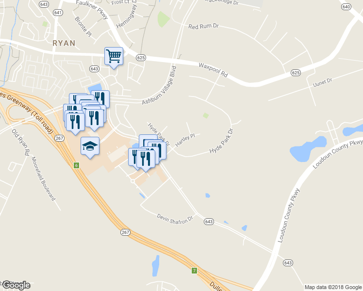 map of restaurants, bars, coffee shops, grocery stores, and more near 43849 Hartley Place in Ashburn