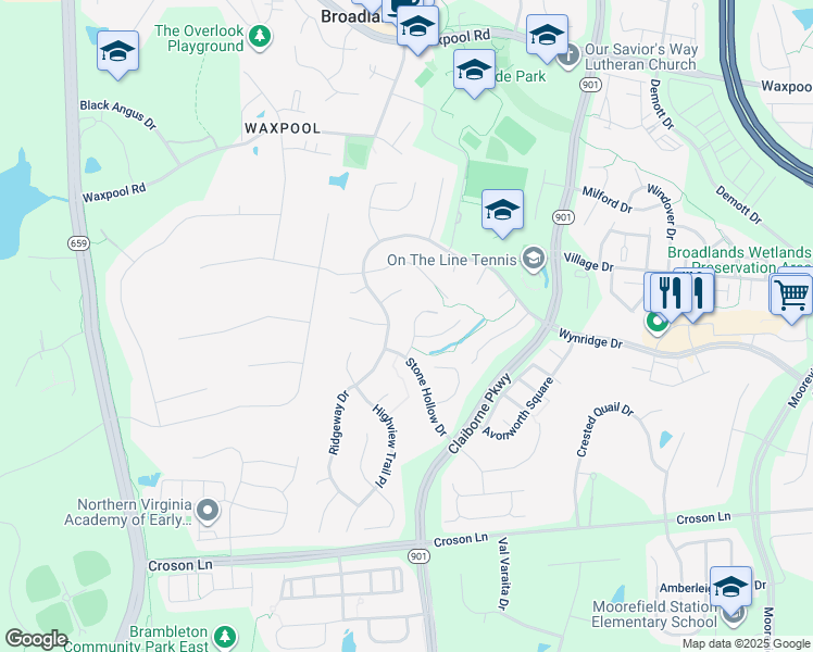 map of restaurants, bars, coffee shops, grocery stores, and more near 21997 Stonestile Place in Broadlands
