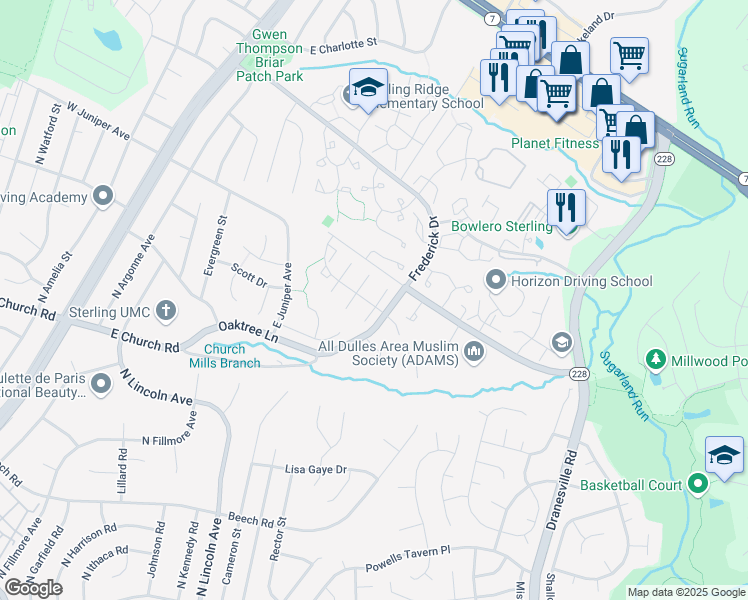 map of restaurants, bars, coffee shops, grocery stores, and more near 21055 Ethan Court in Sterling