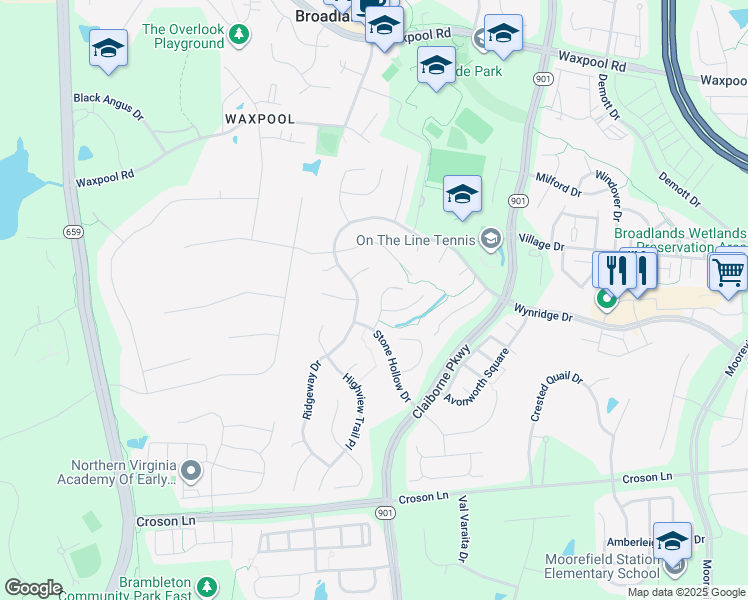 map of restaurants, bars, coffee shops, grocery stores, and more near 21997 Stonestile Place in Broadlands