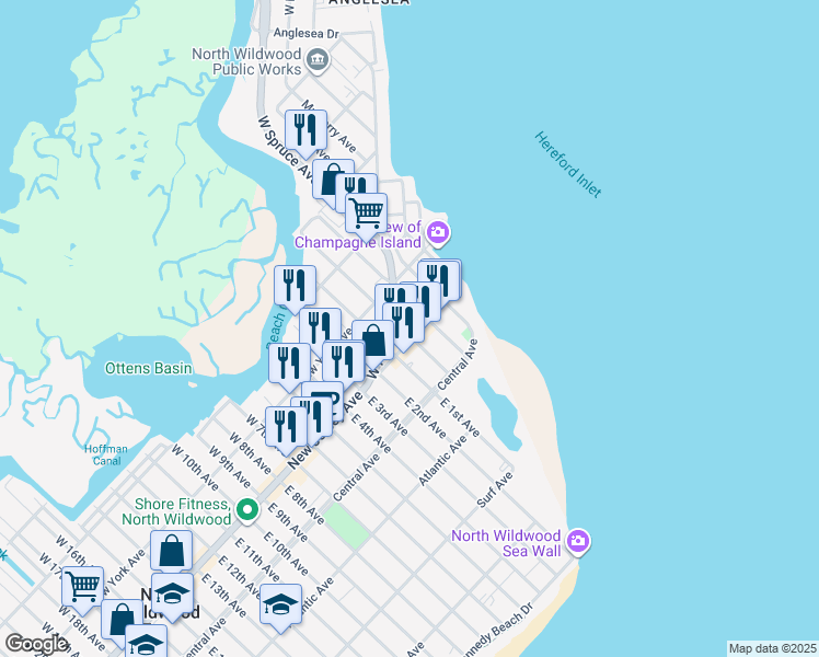 map of restaurants, bars, coffee shops, grocery stores, and more near 106 West Spruce Avenue in North Wildwood