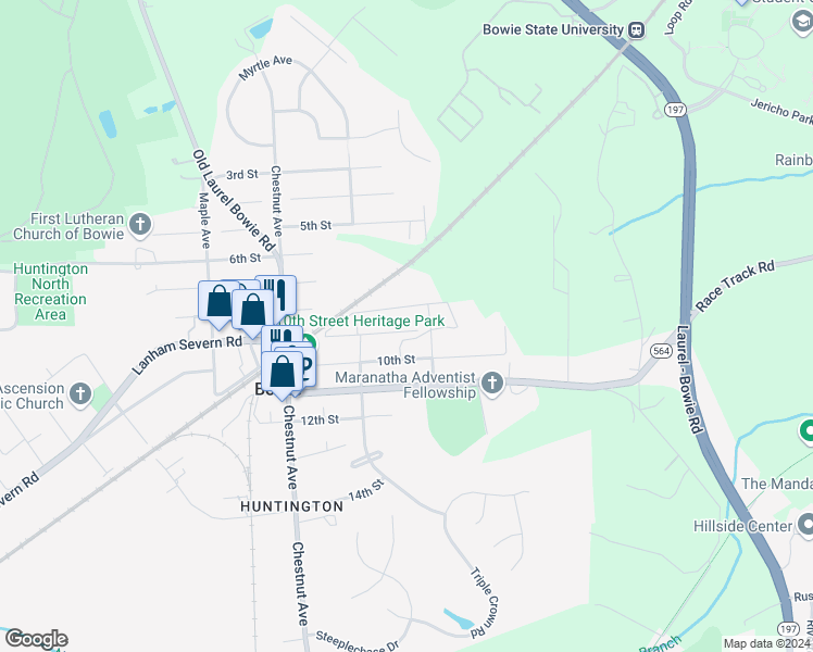 map of restaurants, bars, coffee shops, grocery stores, and more near 13212 9th Street in Bowie