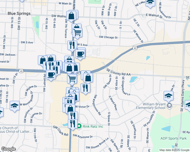 map of restaurants, bars, coffee shops, grocery stores, and more near 901 Southwest Kingscross Road in Blue Springs