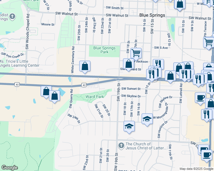 map of restaurants, bars, coffee shops, grocery stores, and more near 2300 U.S. 40 in Blue Springs