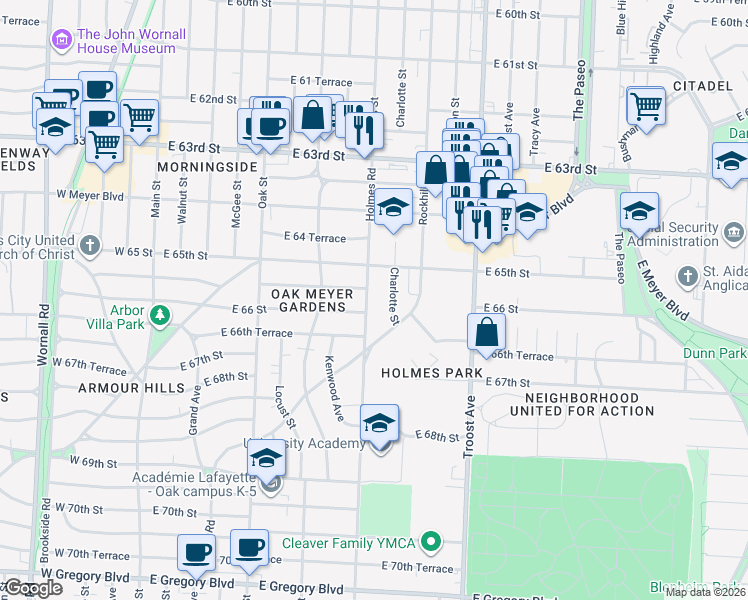 map of restaurants, bars, coffee shops, grocery stores, and more near 637 East 65th Terrace in Kansas City