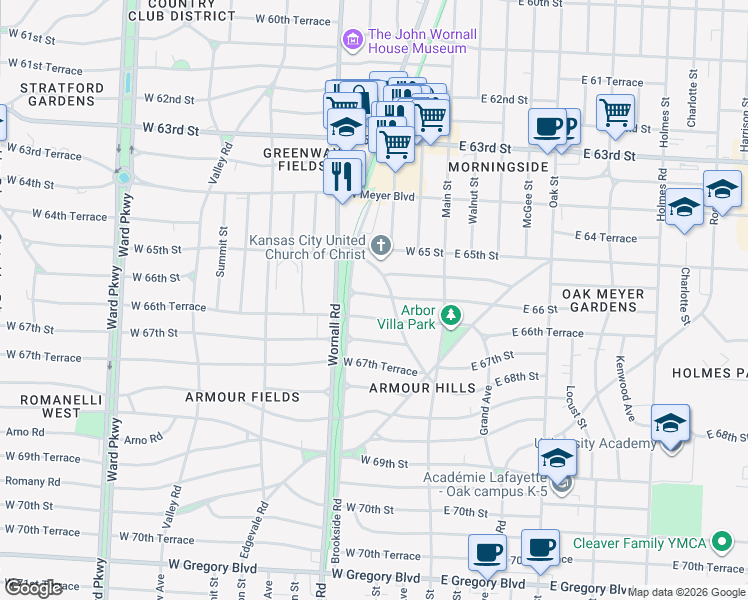 map of restaurants, bars, coffee shops, grocery stores, and more near 210 West 66th Street in Kansas City
