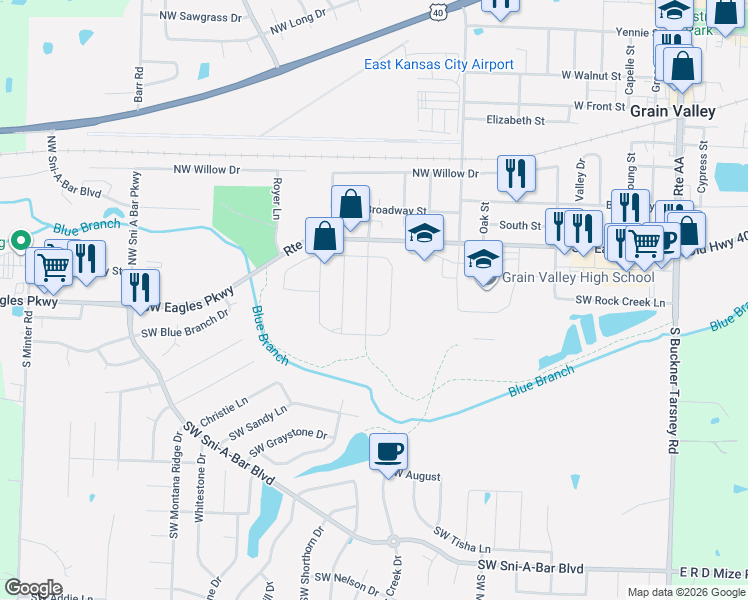 map of restaurants, bars, coffee shops, grocery stores, and more near 112 Southwest Cross Creek Drive in Grain Valley