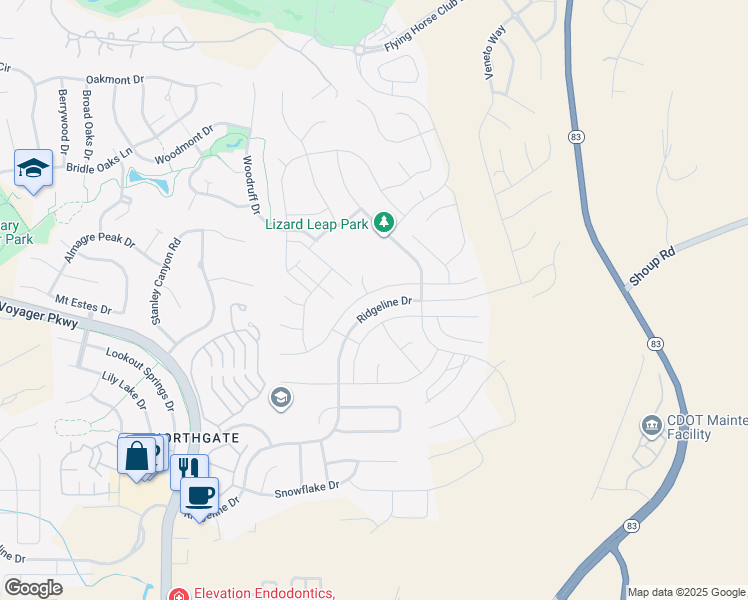 map of restaurants, bars, coffee shops, grocery stores, and more near 1955 Walnut Creek Court in Colorado Springs