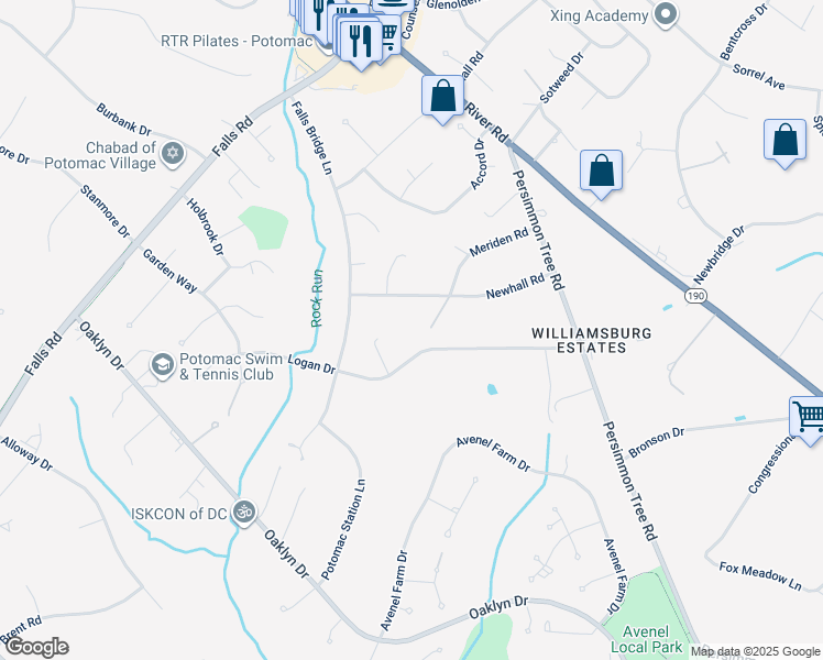 map of restaurants, bars, coffee shops, grocery stores, and more near 9933 Logan Drive in Potomac