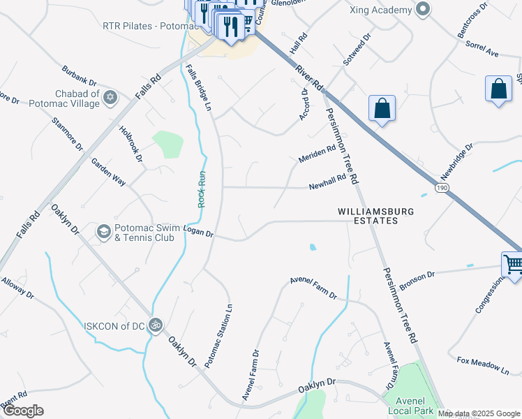 map of restaurants, bars, coffee shops, grocery stores, and more near 9933 Logan Drive in Potomac
