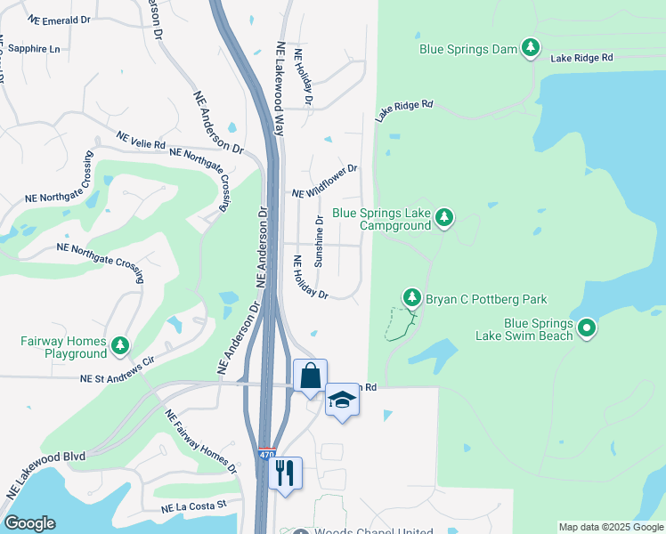 map of restaurants, bars, coffee shops, grocery stores, and more near 5317 Northeast Rainbow Circle in Lee's Summit