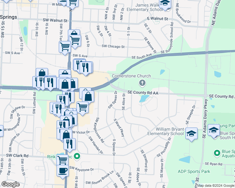 map of restaurants, bars, coffee shops, grocery stores, and more near 900 Southwest Speas Drive in Blue Springs