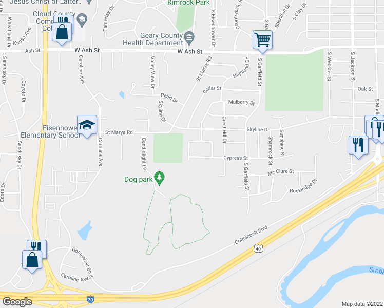 map of restaurants, bars, coffee shops, grocery stores, and more near 1116 Cypress Street in Junction City