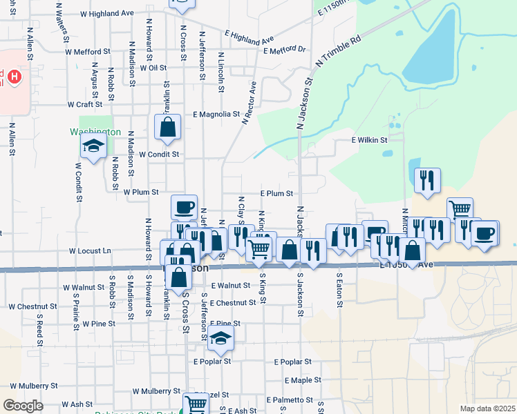 map of restaurants, bars, coffee shops, grocery stores, and more near 401 North King Street in Robinson