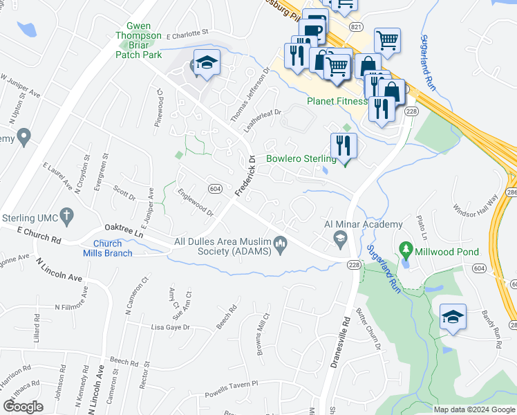 map of restaurants, bars, coffee shops, grocery stores, and more near 21961 Greentree Terrace in Sterling
