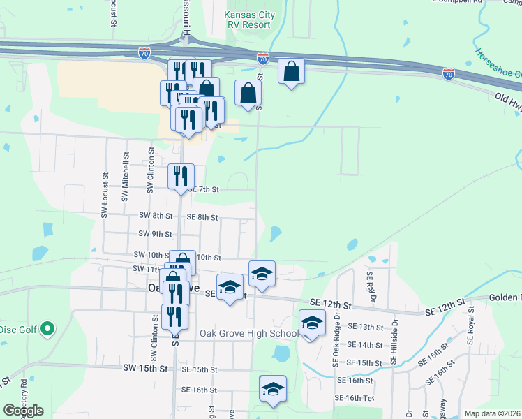 map of restaurants, bars, coffee shops, grocery stores, and more near 711 Southeast Salem Street in Oak Grove