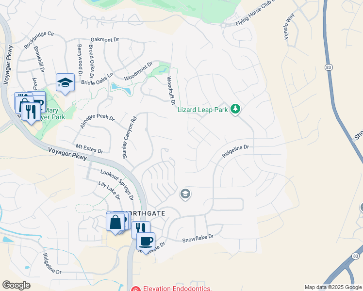 map of restaurants, bars, coffee shops, grocery stores, and more near 1815 Elevation Way in Colorado Springs