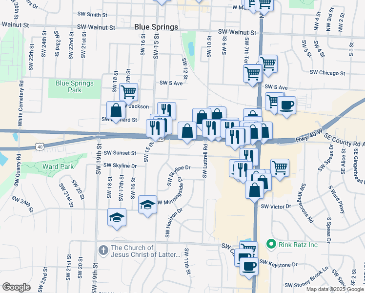 map of restaurants, bars, coffee shops, grocery stores, and more near 1136 U.S. 40 in Blue Springs